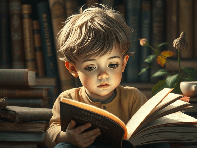 A young child reads from an open book. 