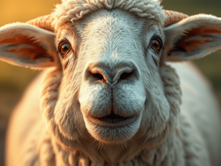 A close up of a smug sheep.