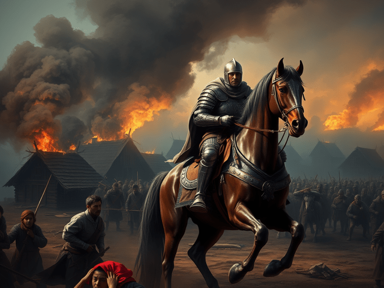 A knight in armor rides through a burning village.