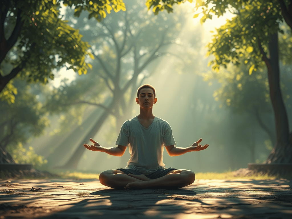 A man with open arms meditates in a forest.