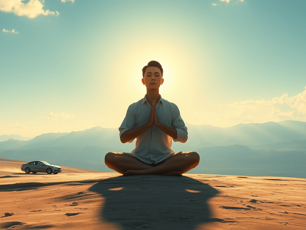 A man meditates in the desert.