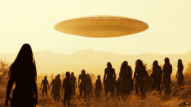 An image to depict primitive humans seeing a flying saucer in the sky. 