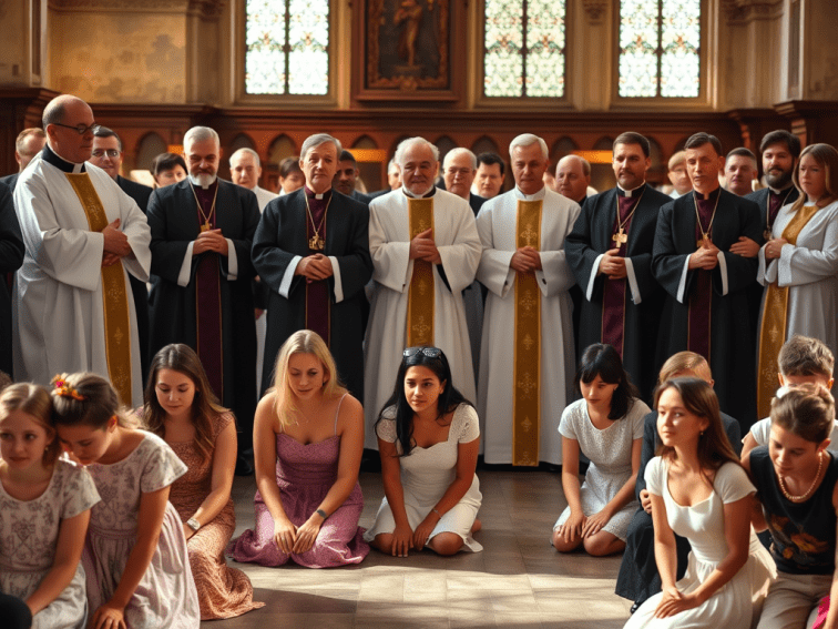 Devotees kneel before Catholic clerics. 