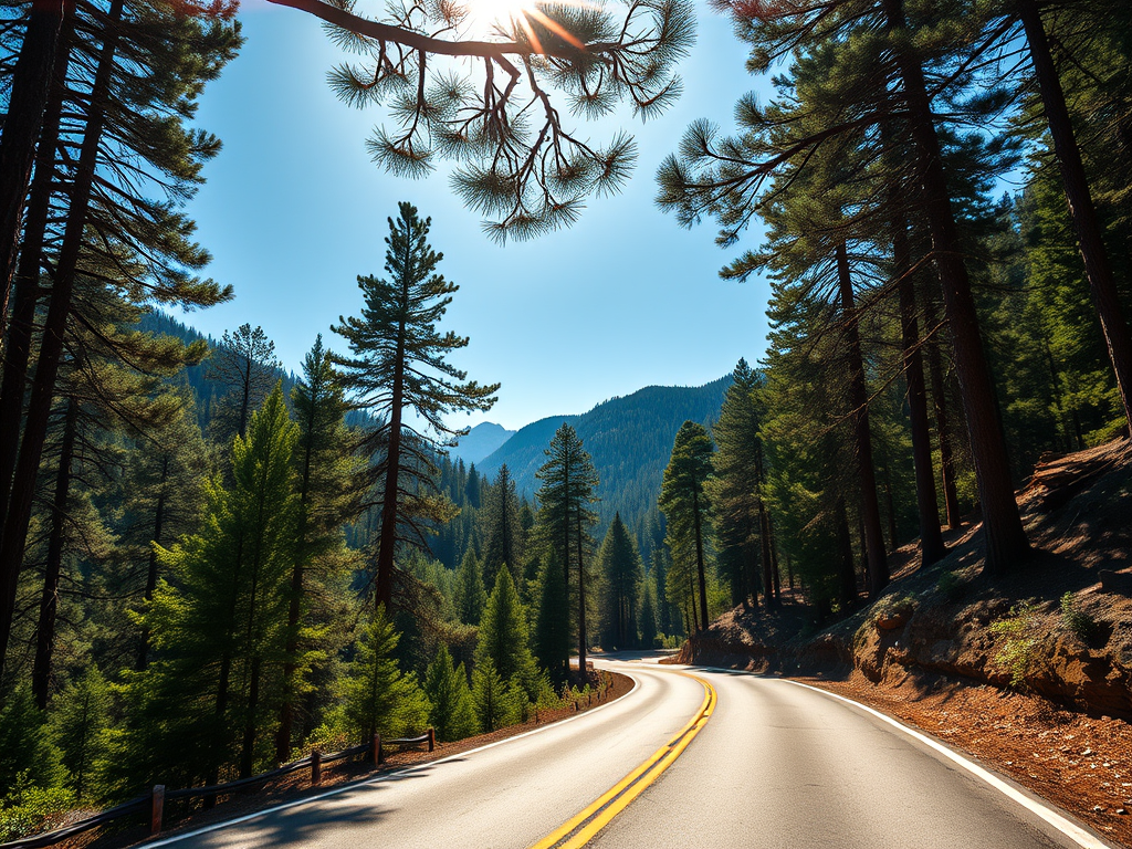 A winding mountain road through a forest of tall pine trees.