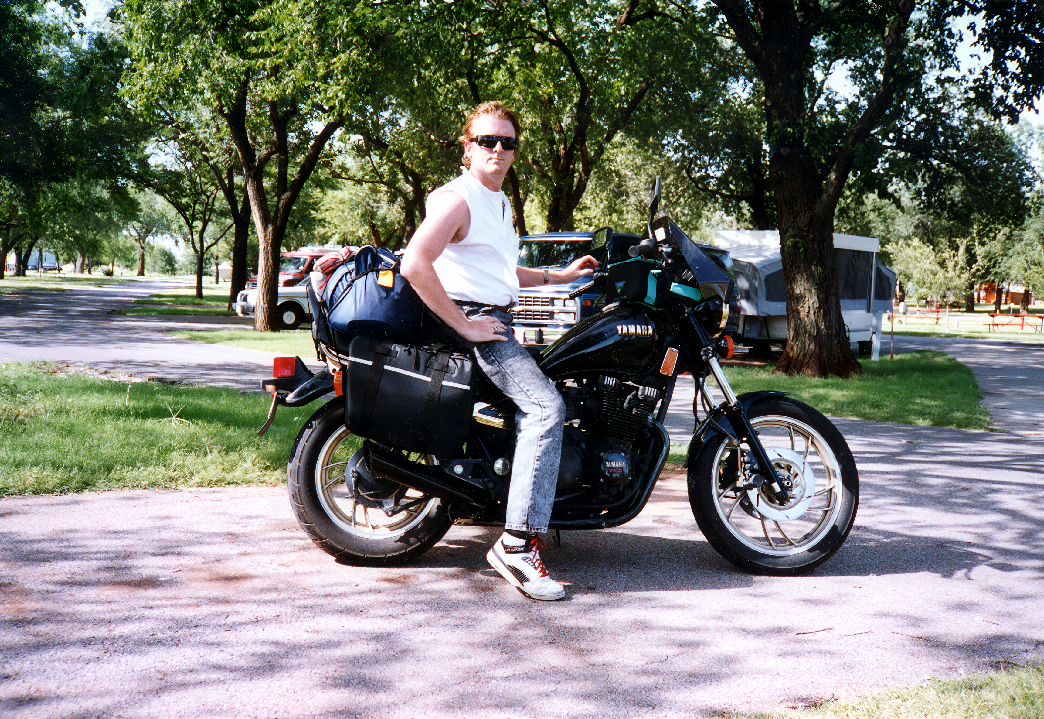 The Author on a cross-country motorcycle trip circa 1993.