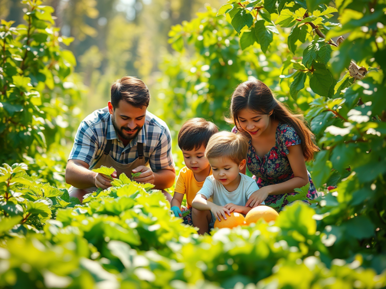 A family enjoys a bountiful garden.