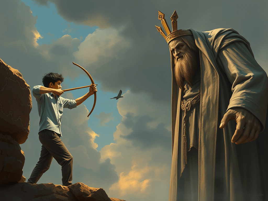 A young man with a bow and arrow takes aim at a giant wearing a crown.
