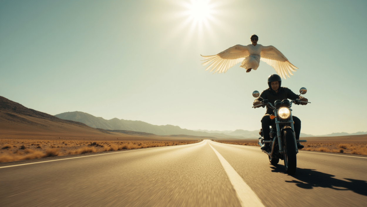 An angel hovers over a motorcycle rider on a desert highway.