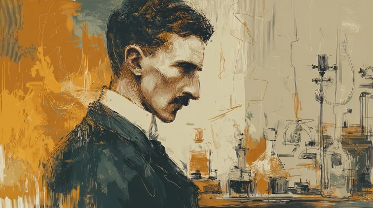 A Watercolor painting of Nikola Tesla. 