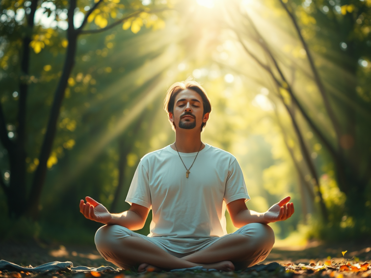 A man sits in the lotus position and meditates in a forest.
