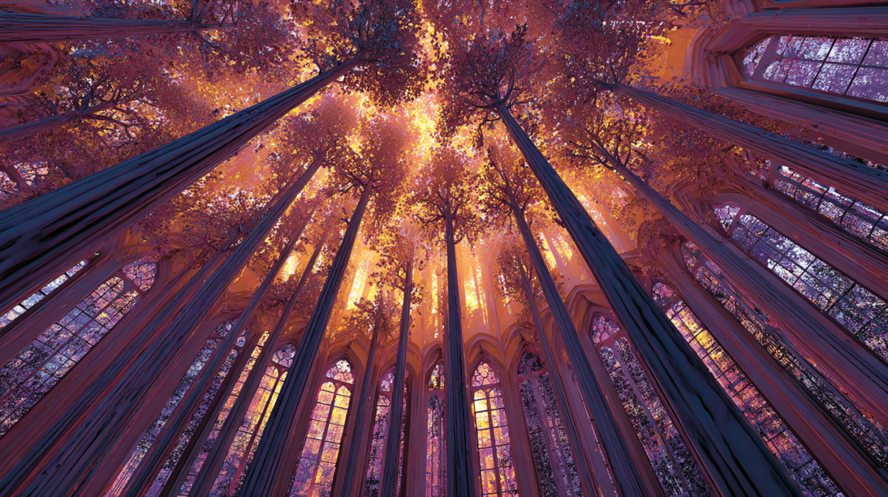Tall trees present the appearance of a cathedral.