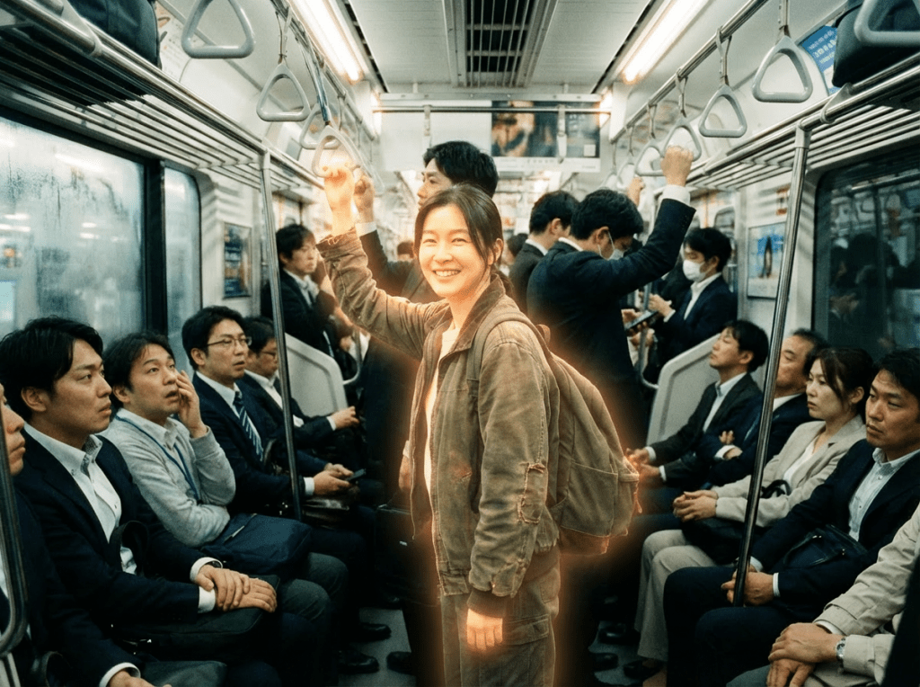 A woman glowing with warm light stands among seated commuters on a crowded train.