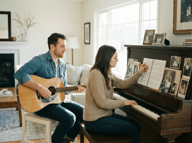 A man playing guitar and a woman playing piano while smiling at each other.