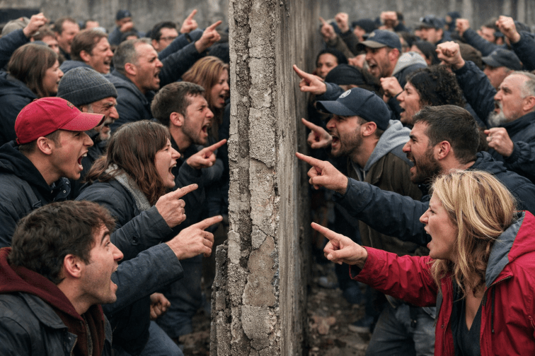 Two groups facing each other, shouting and pointing fingers separated by a cracked concrete wall