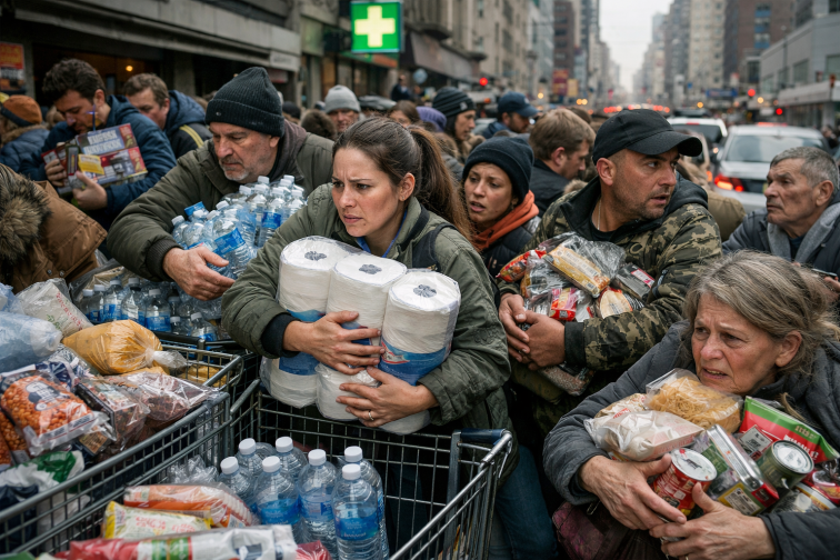 People outdoors collecting bottled water, food, and toilet paper in crowded urban setting