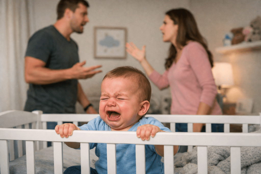 Crying baby in crib with parents arguing behind