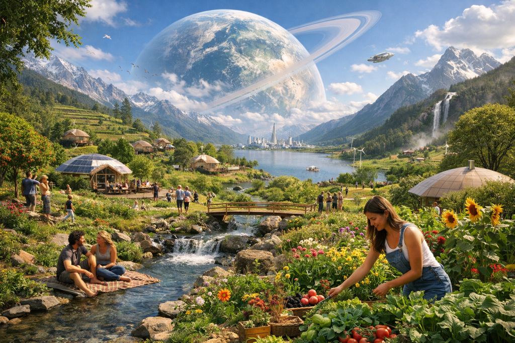 People enjoying a sustainable village with gardens, mountains, waterfall, and a large planet with rings in the sky