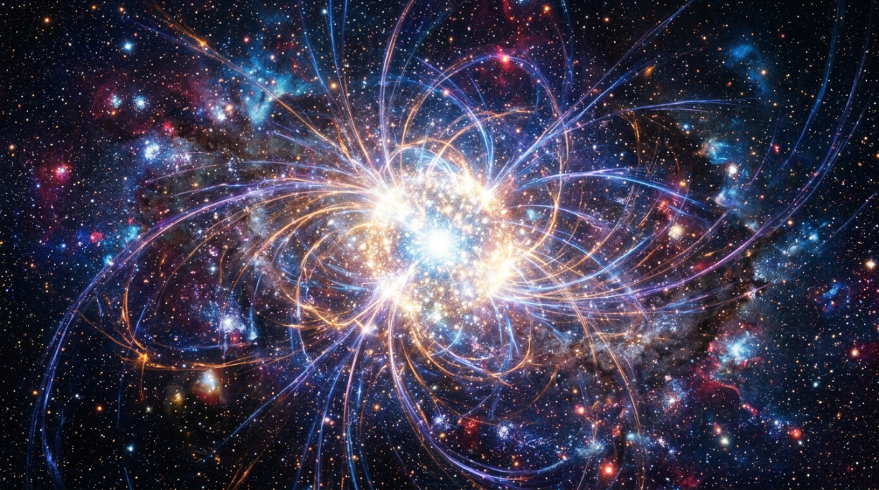 Bright galaxy core with colorful magnetic field lines in deep space