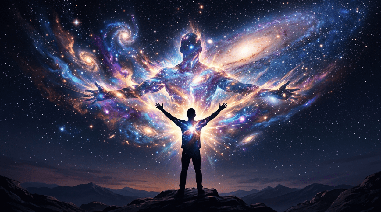 Silhouette of a person with cosmic galaxy light forming a large figure behind them