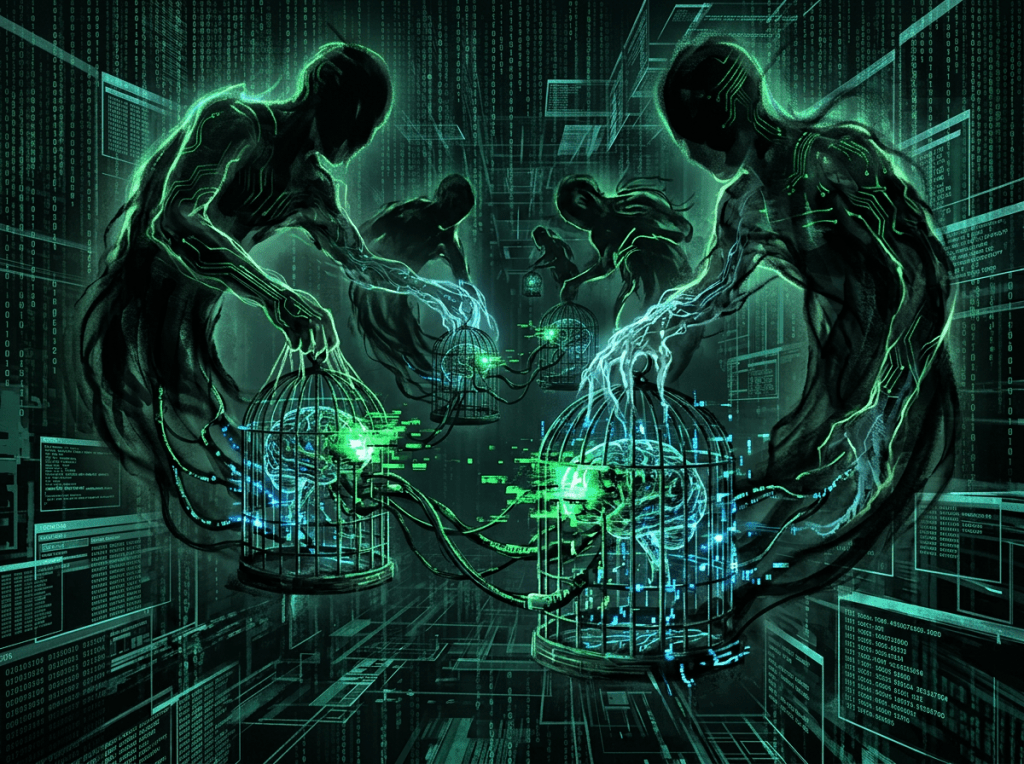 Shadowy humanoid figures handling cages with glowing digital brains connected by data streams