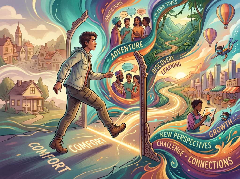 Person stepping through a magical mirror from a quiet town into a vibrant scene symbolizing adventure, learning, and growth