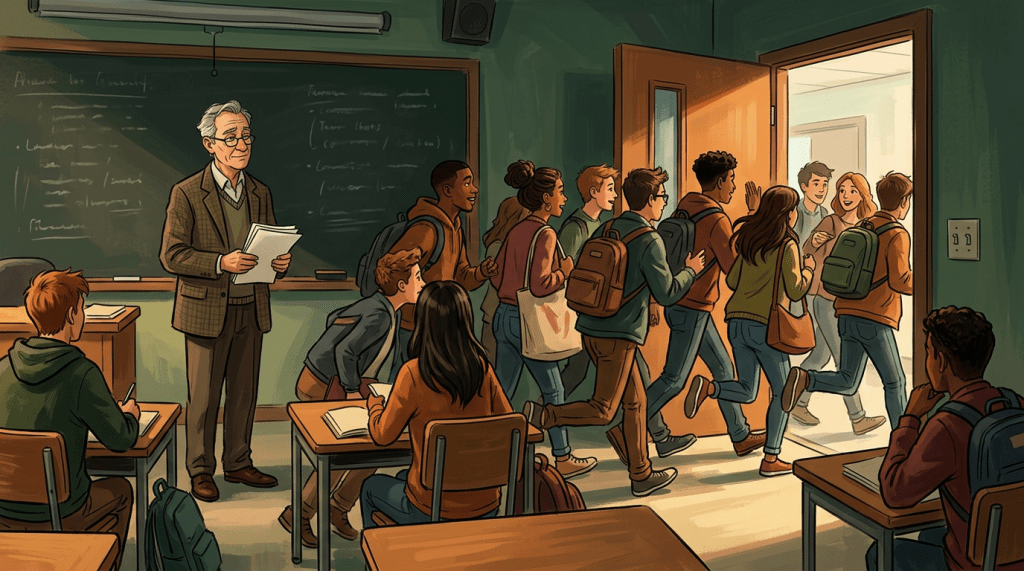Professor watching students run out classroom door