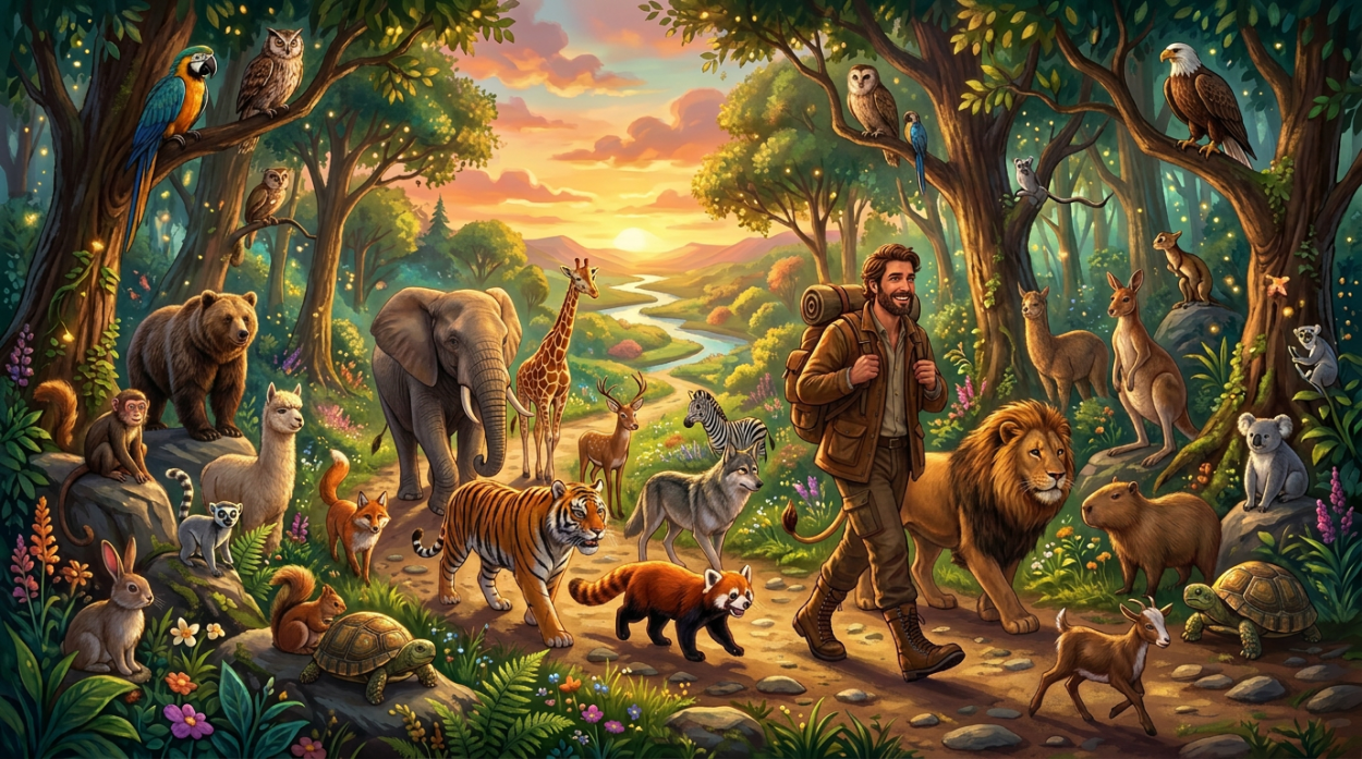 Explorer walking with diverse forest and savanna animals during sunset